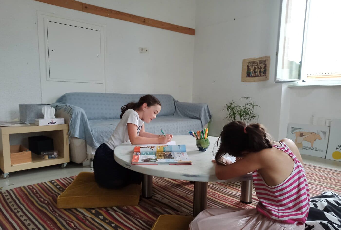 Deux enfants travaillent ensemble autour d'une table basse